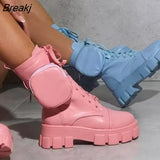 Women New Pocket Boots Lace Up Ladies Anklef Female Buckle Strap Black Booties Chunky Platform Rubber Colored Sole Shoes
