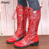 New Women's Knee Boots Bohemian Mid-calf Boots Women Vintage Boots Women Shoes Woman Zipper Printing Women's