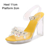 2023 Summer New Sandals Women Fashion Rhinestones Square Heel Transparent Women Shoes High Heels11cm Female Party