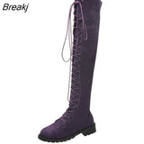 Women's Boots Low Heels Flock Winter Over Knee Boots for Woman 2023 Lace Up Fashion Female Thigh High