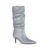 Women Mid-Calf Boots Sexy Solid Color Leather Folds Boots Pointed Toe Thin Heels Stiletto Party Shoes Large Size