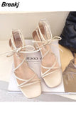 Summer Beige Heeled Sandals Female Shoe Cross-Shoes Square Toe All-Match Black Girls New High Clear Lace Up Comfort Block