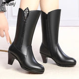 Winter Mid-Calf Boots Warm Wool Fur Shoes Woman High Heels Soft Genuine Leather Non-slip Women's Winter Boots