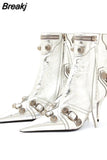 Women Pointed Toe Short Boots Metal Decoration Punk Motorcycle Botines Mujer Women's Ankle Boots Rivet Tassel High Heels