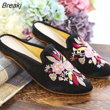 New Fabric Spring Pointed Toe Flat Mules Comfortable Slippers for Casual Fashion Ladies Summer Chinese Embroidered