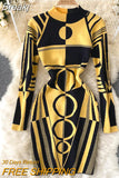 Women Autumn Long Sleeve Sweater Dress 2023 Elegant Ladies Stand Collar Geometric Print Slim Bodycon Mini Party Dress