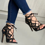 Fashion Women High Heels Sandals Pumps Sexy Hollow Lace-Up Cross-Tied Females Summer Sandals Peep Toe Party Shoes