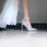 Dress Bridal Shoes Lace-up Pearl Pumps New String Bead Women Pointed Toe Thin High Heel Fashion Party