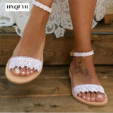Womens Flats Comfortable Open Toe Summer Sandals Casual Beach Shoes Slip-on Lace Plus Size Rome Sandals Women