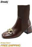 Square Toe Women's Boots Chain High Heels Solid Color Ankle Boots Women's Boots Knitted Fashion Thick Heel Women's