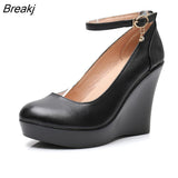 Ankle Strap High Wedges Platform Pumps For Women Casual Genuine Leather Black Work Shoes High