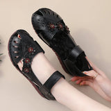 Summer New Head Layer Cowhide Flat Bottom Women's Shoes National Wind Leather Hollow Out Small Flower Women's Sandals Mother