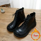 British Style Wide-Head Small Leather Boots Keep Warm Zipper Short Boots Student Literary Women Boots Womens Ankle
