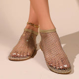Women's Round Toe Flat Bottom Sandals Summer Slip-On Hollow Mesh Short Boots Fashion Water Diamond Sexy Banquet Slippers