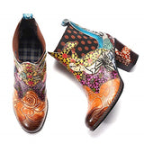 Splicing Printed Ankle Boots for Women Shoes Female PU Leather Retro Block High Heels Bohemian Ladies Winter Short