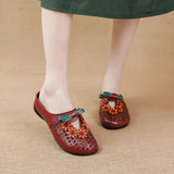Summer New Flat Bottom Low Heel Women's Shoes National Wind Leather Flower Slippers Hollow Breathable Comfortable Hole Hole