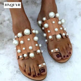 New Women Slippers Summer Pearl Women Slides Flat Casual Outside Women Beach Leather Slippers Large Size 36-43 Women