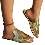 Summer New Gold Metal Chain Peep Toe Slippers Women’s Flat Luxury Outdoor Beach Flip Flop Female Sandals Trend Slides