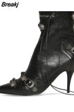 Women Pointed Toe Short Boots Metal Decoration Punk Motorcycle Botines Mujer Women's Ankle Boots Rivet Tassel High Heels