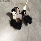 Hairy High Heels Womens Shallow Mouth Word Buckle Fairy Style Pointed Toe Stiletto Party Dress Shoes Pink Fur Pumps
