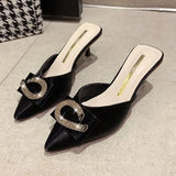 New Women Slippers Mules Pointed Toe Rubber Metal Chains Outsole Slides Footwear Fashion Casual Lady High Heels