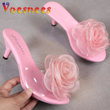 Three-Dimensional Flowers Slippers Summer Transparent Sandals Beach Shoes Thin High Heels Walk Show Crystal Party Women