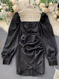 Pink Satin Dress Puff Sleeve Square Collar Ruched Mini Dress Solid Sexy Streetwear Outfits Ladies Club Party