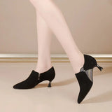 Woman Spring Autumn Rhinestone Shoes Fashion Women Pumps Pointed Toe Side Zip Black Suede Boots 2023 Flock Mid Heels