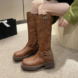 Belt Buckle Gothic Boots for Women Brown Thick Heels Knee High Combat Boots Woman Plus Size 42 Punk Long Botas