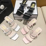 Rhinestones Heel Slippers Women's Mid Heel Slippers Slippers Slippers Narrow Strap Sandals Elegant Ladies Slippers
