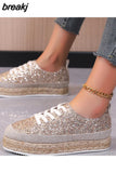 Women Sneakers Woven Gold Sequins Single Shoes Round Head Lace-Up Retro Platform Flats Shoes Light Cozy Walking Vulcanized