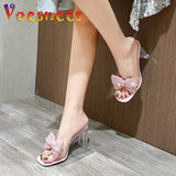 Fashion Girl Bow Crystal Slippers Sexy Transparent Dress Heel Shoes Summer Pearl Bowknot Design 2023 Elegant Party