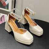 Women Trend Chunky Heels Square Toe Platform Shoes Retro Mary Jane Sandals Female Student Japanese Uniform Dress