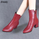 Winter Pointed Toe Ladies Booties Female Autumn Zip PU Leather Shoes Fashion 4cm High Square Heels Women Ankle