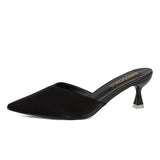 Women High Heels Solid Flock Slippers Mules Pointed Toe Fog Black Slides Women Home Slip On Flip Flops Heels 6CM/9CM Half