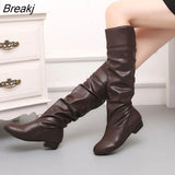 Women Leahter Knee High Boots Fashion Classic Folding Slip on Winter Autumn Casual Low Heels White Black Long Slim Boots