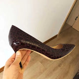 Women Burgundy Crocodile-Effect Pointed Toe Stiletto Pumps Wine Red Slip On Extremely High Heels for Sexy Ladies