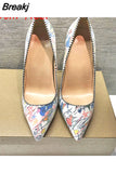 Women 12cm High Heels Pointed Toe Shallow Party Wedding Fashion Print Dress Shoes Plus Size BM002