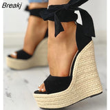 Women Summer Butterfly Knot Solid Black Open Toe Sandals Fashion Platform High Heels Wedge Shoes Ankle Bowtie Dress Shoes