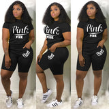 Summer Shorts Tracksuit Set Pink Letter Print Top Biker Shorts Suits Sport Casual Two Piece Set Bodycon Outfits