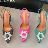 2023 Brand Women Pumps Sandals Fashion Pointed Toe Crystal Buckle Comfortable Slingback High Heels Summer Wedding