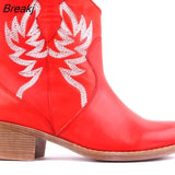 Embroidery Botas Mujer Faux Leather Cowboy Ankle Boots for Women Wedge High Heel Boots Snake Print Western Cowgirl