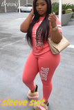 Pink Letter Print Women Two Piece Set Casual Sport Tracksuit Short Sleeve Top + Jogger Sweatpant Suit Plus Size Outfits