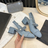 Women Summer 7cm High Heels Shoes Sandals Lady Bling Mules Slingback Silver Pumps Female Denim Sandals Bridal Quality