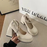 Women Pumps Mary Jane Round Toe Shoes Thick High Heels Shoes Female New Lolita Spring Fashion Black Genuine Leather Shoes