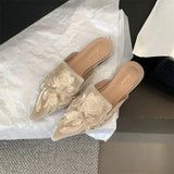 Shoes Mules For Women 2024 Ladies' Slippers Rivet Cover Toe Butterfly-Knot Low Square heel Loafers Flock New Pointed