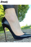Matte Black Pumps Woman High Heels Shoes 12cm Stilettos PU Leather Wedding Pointed toe Shoes QKOU002