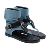 Breakj Roman Sandals Lady Denim Cloth Belt Buckle High Help Words Cool