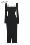 Elegant Evening Party Dress Woman Vintage Black Midi Dress Long Sleeve Casual Slim Dress Korean Fashion 2023 Autumn