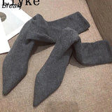 New Fashion Pointed Toe Thigh High Sock Boots Women Knitting Stretch Fabric Casual Low Thin Heels Over The Knee Shoes